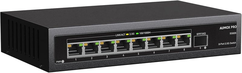AUMOX PRO 9 Port 2.5Gb Unmanaged Ethernet Switch with 8* 2.5G+ 1*10G SFP Ports, 60 Gbps Switching Capacity Compatible with 100/1000/2500Mbps Plug and Play - Image 1